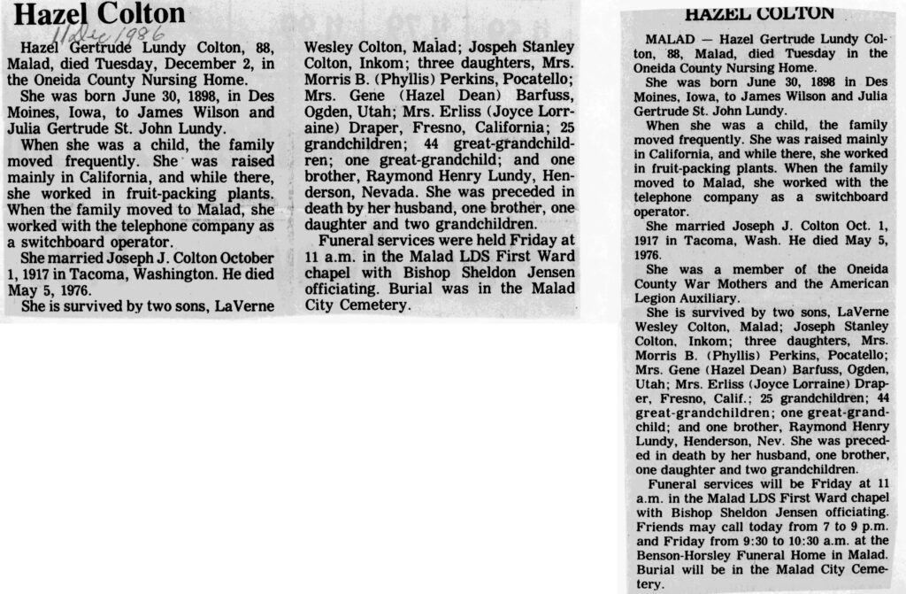 Hazel Gertrude Lundy Colton obit