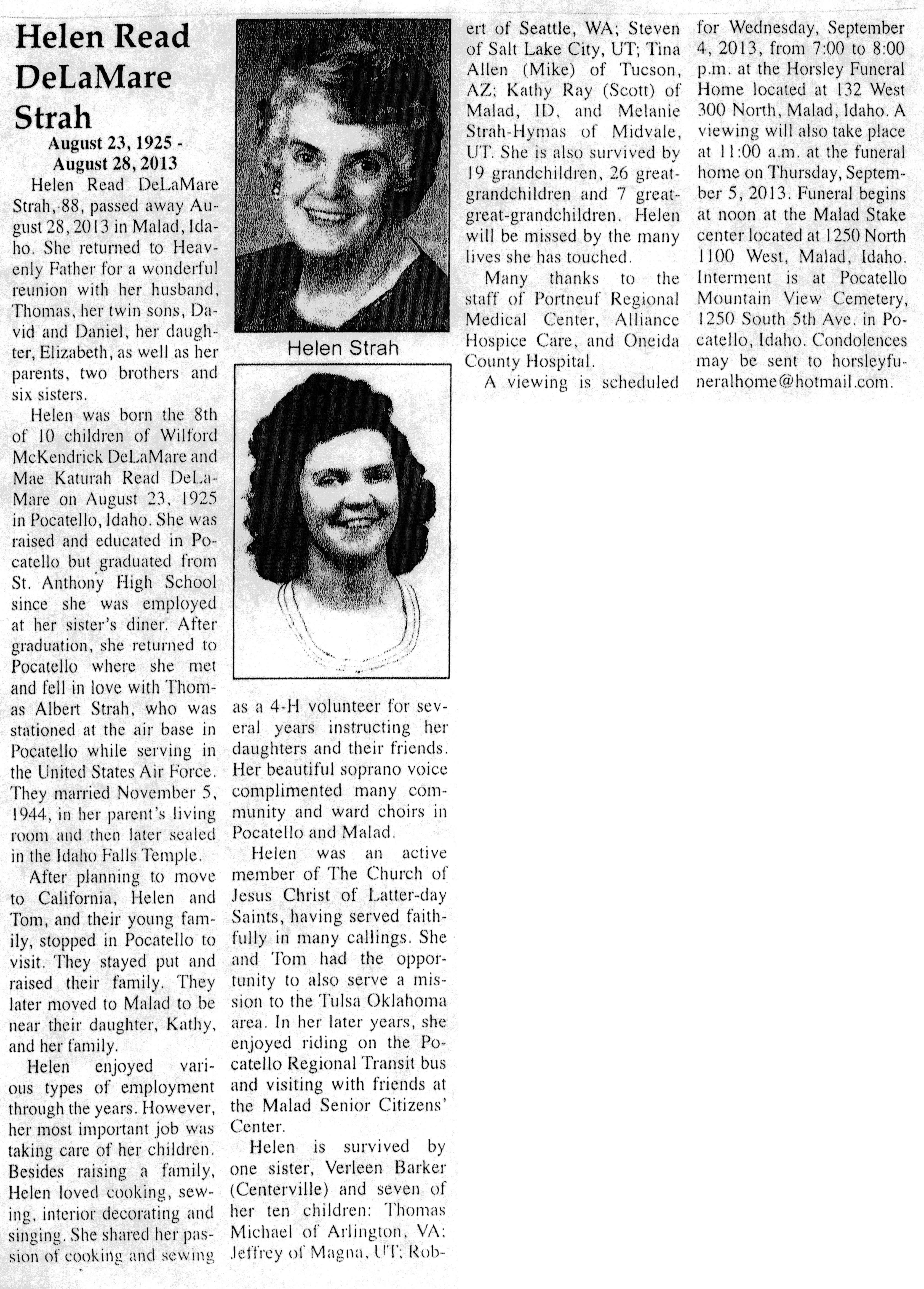 Helen Read DeLaMare Strah obit