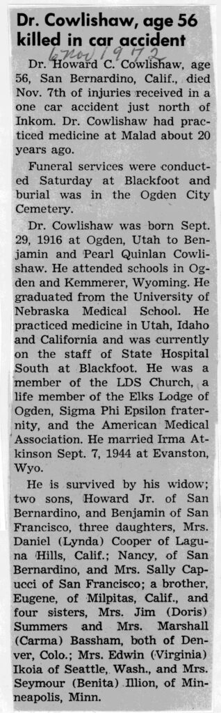 Howard C Cowlishaw Dr obit