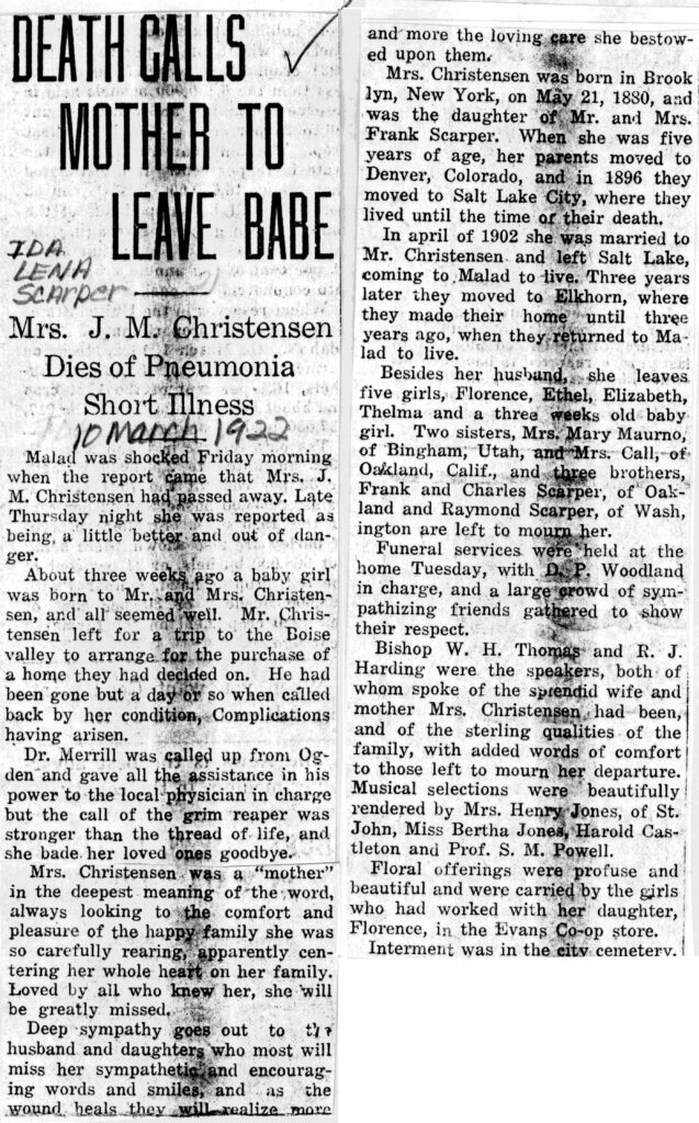 Ida Lena Scarper Christensen obit and funeral