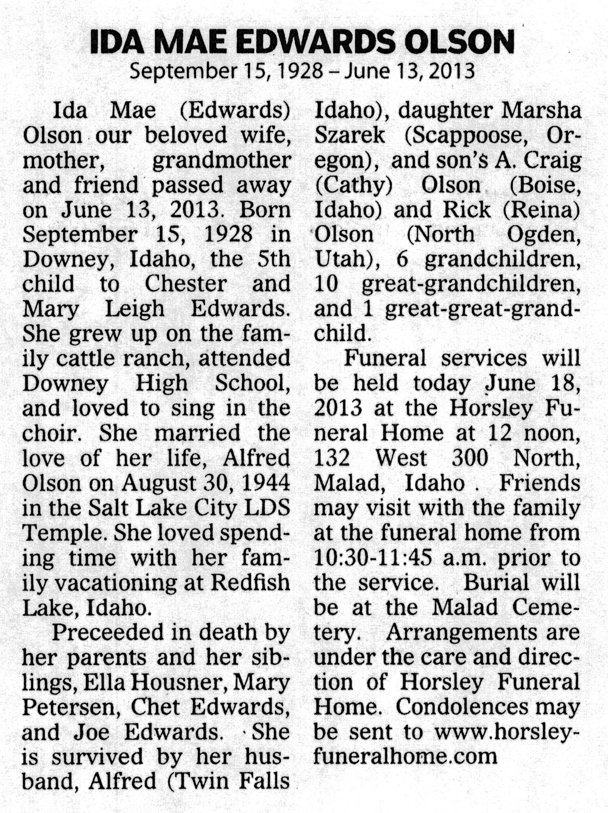 Ida Mae Edwards Olson obit