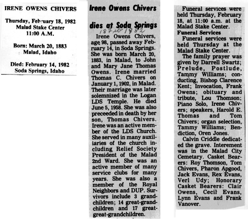 Irene Owens Chivers obit and funeral