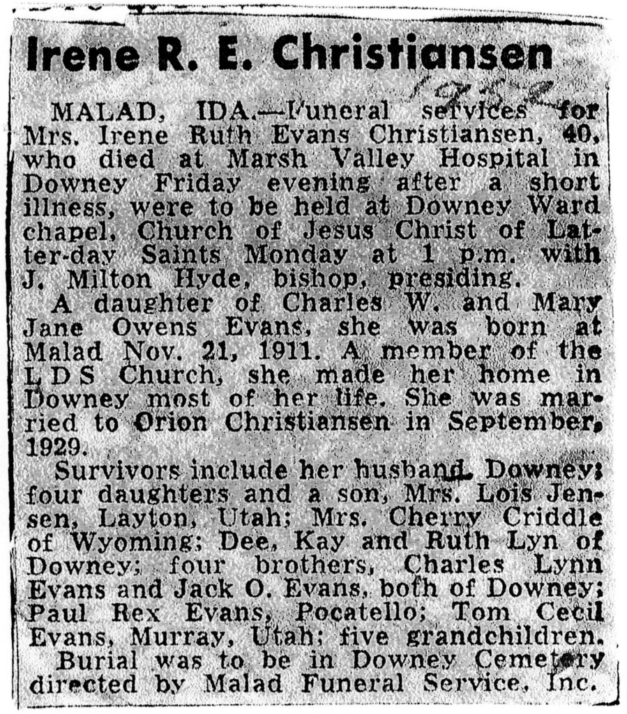 Irene Ruth Evans Christiansen obit