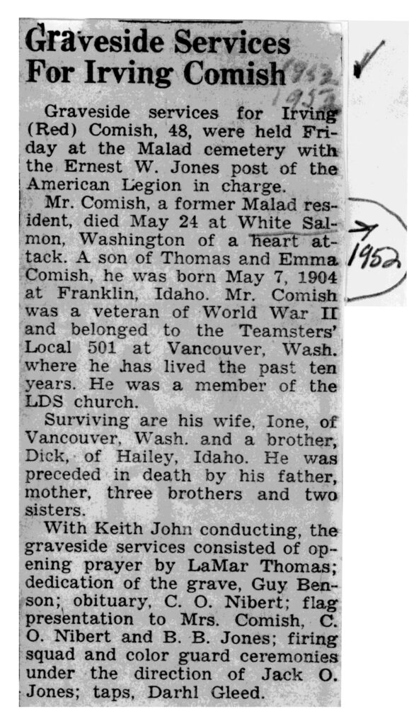 Irving (Red) Comish obit