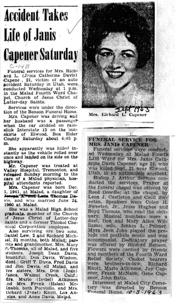 Janis Catherine Davis Capener accident and funeral