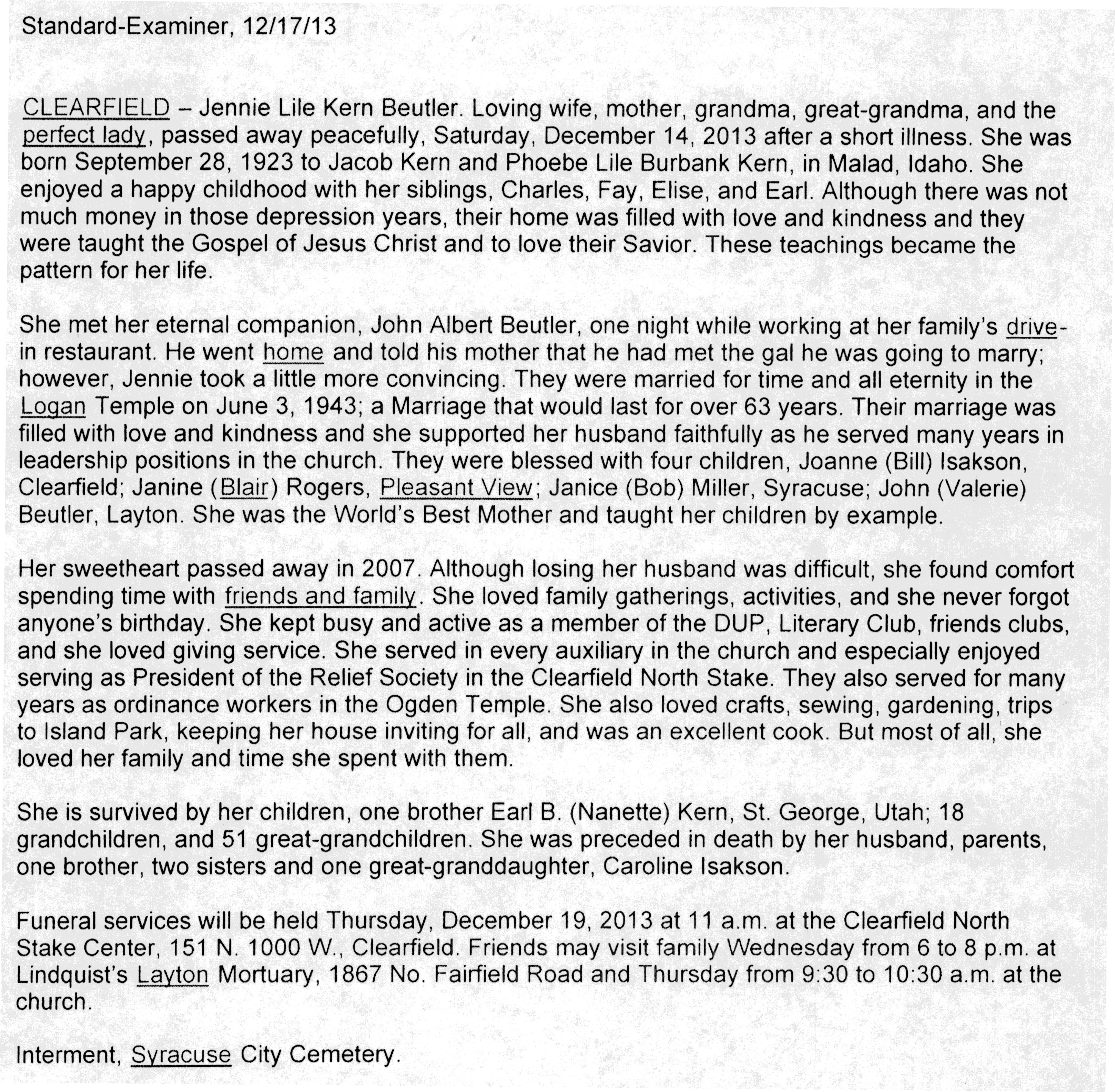 Jennie Lile Kern Beutler obit