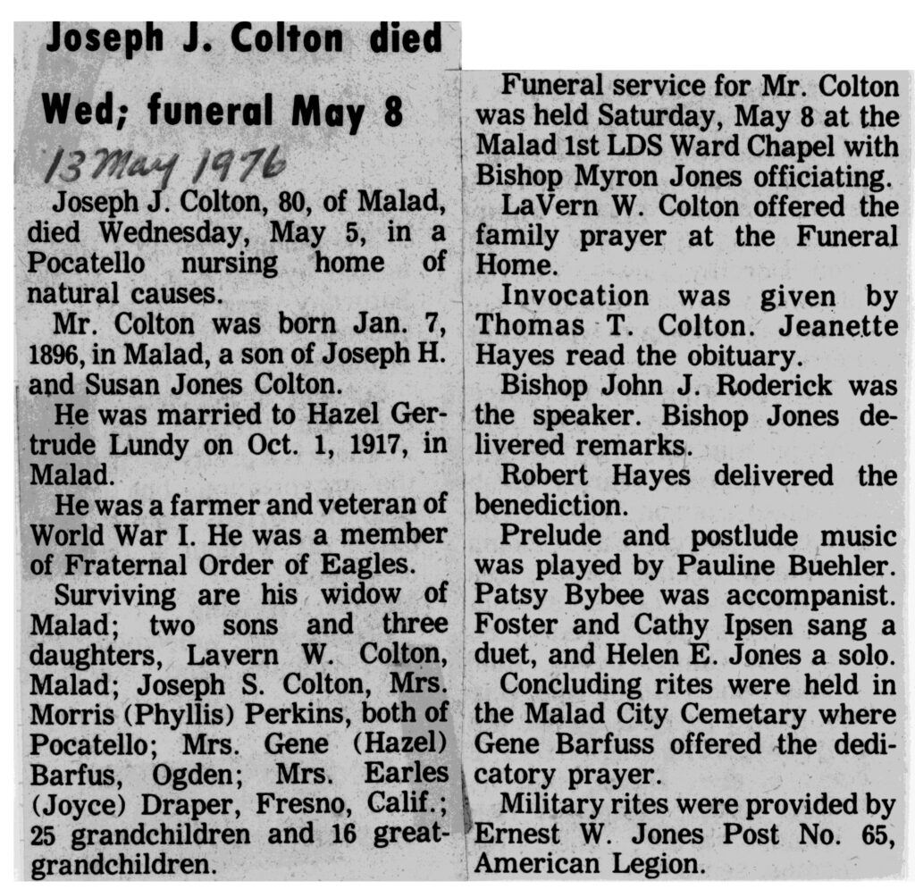 Joseph J Colton obit and funeral