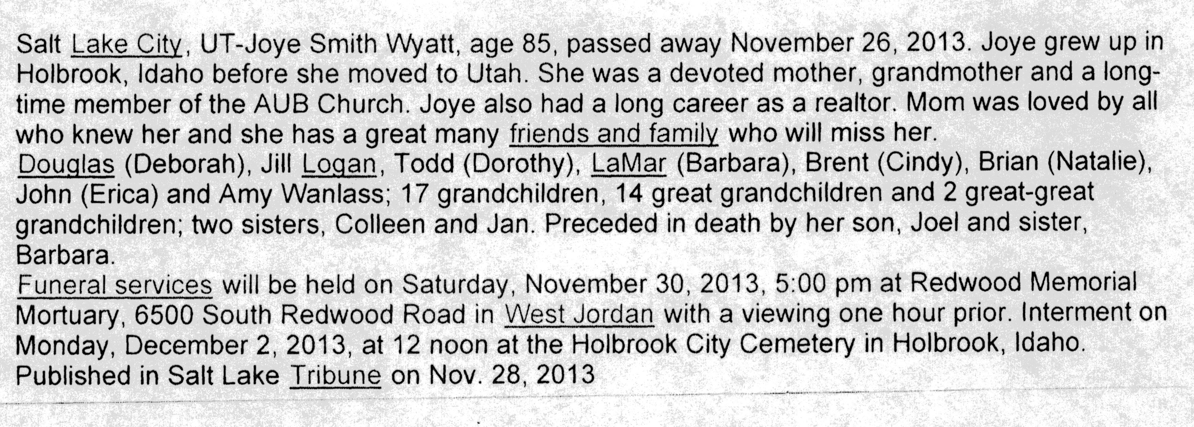 Joye Smith Wyatt obit