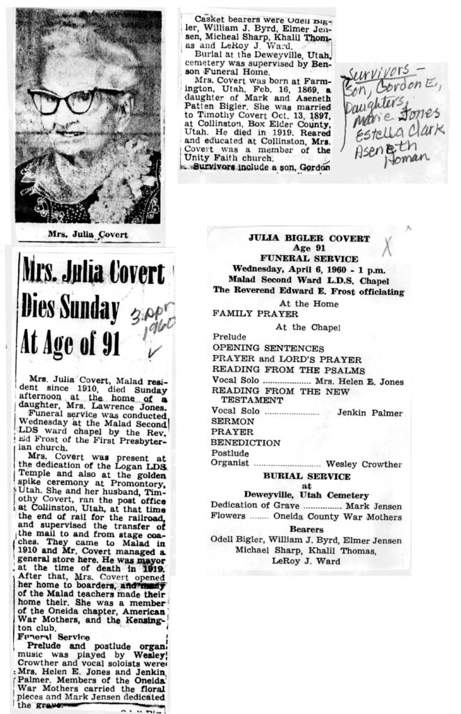 Julia Bigler Covet obit and funeral