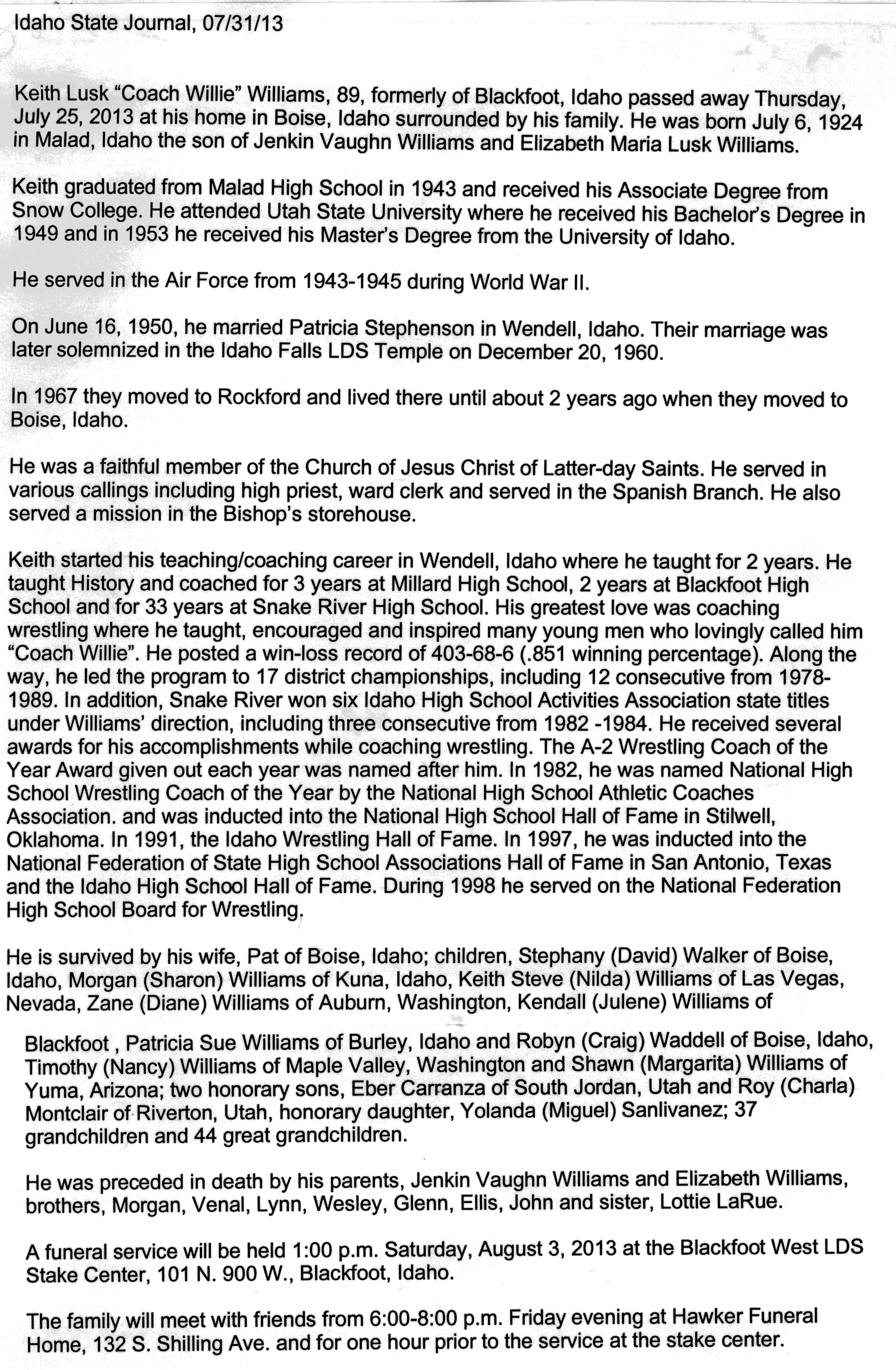 Keith Lusk Williams obit