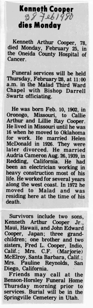 Kenneth Arthur Cooper obit