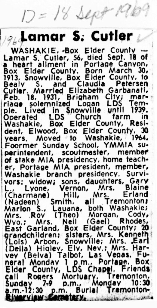 Lamar S Cutler obit