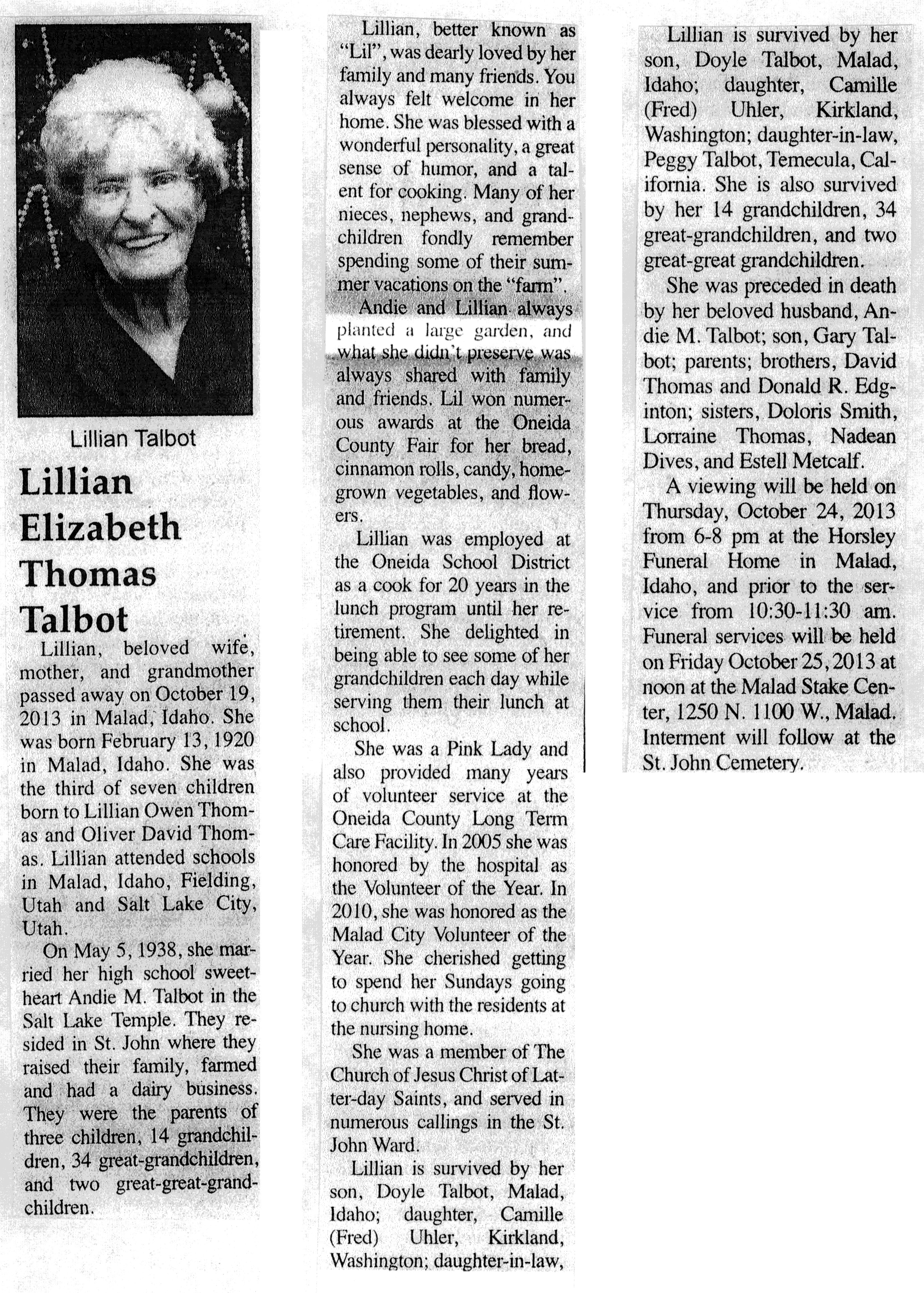 Lillian Elizabeth Thomas Talbot obit