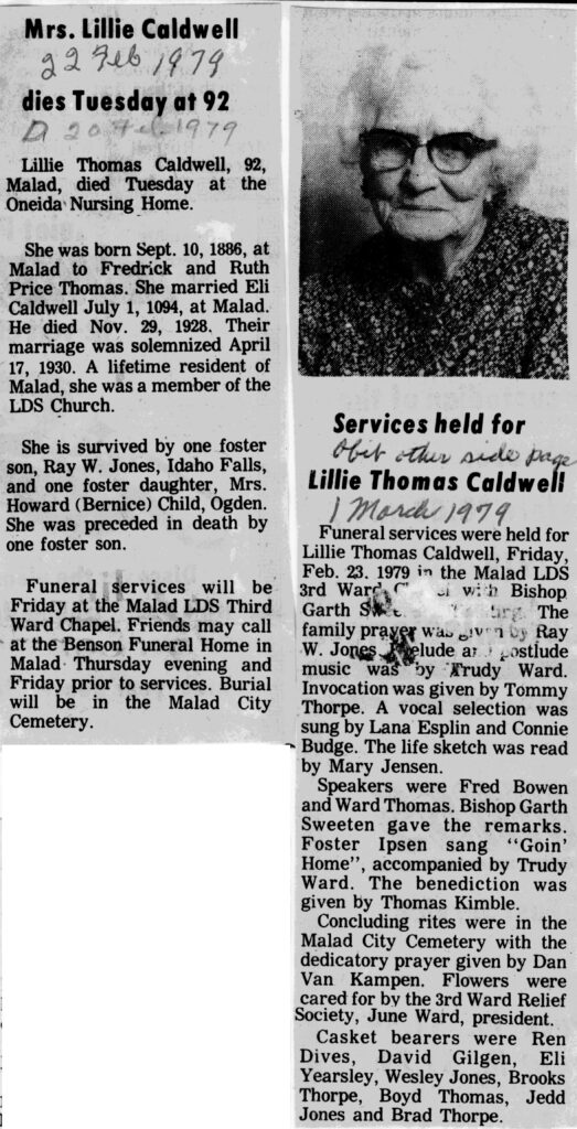 Lillie Thomas Caldwell obit and funeral