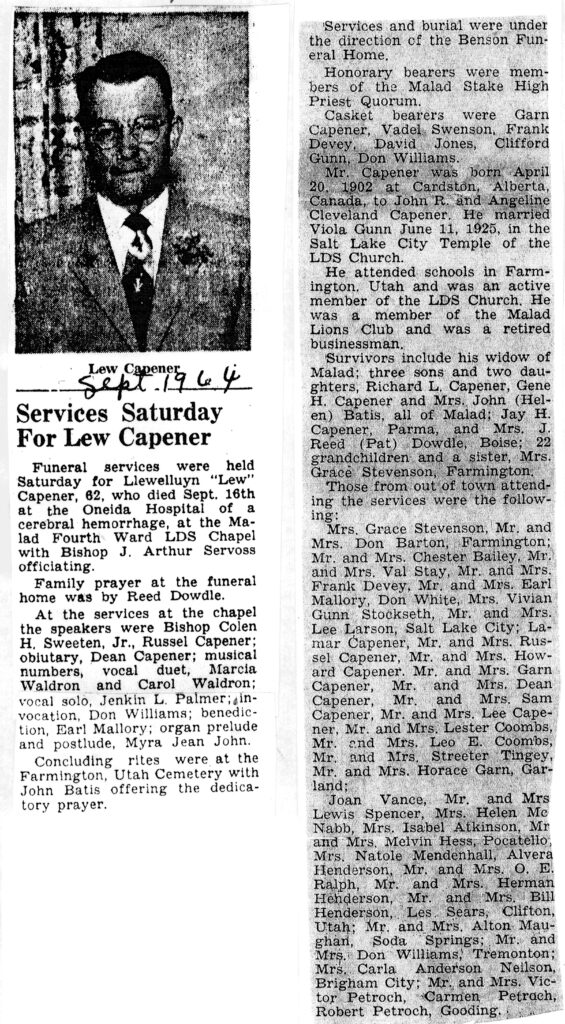 Llewelluym (Lew) Capener obit and funeral