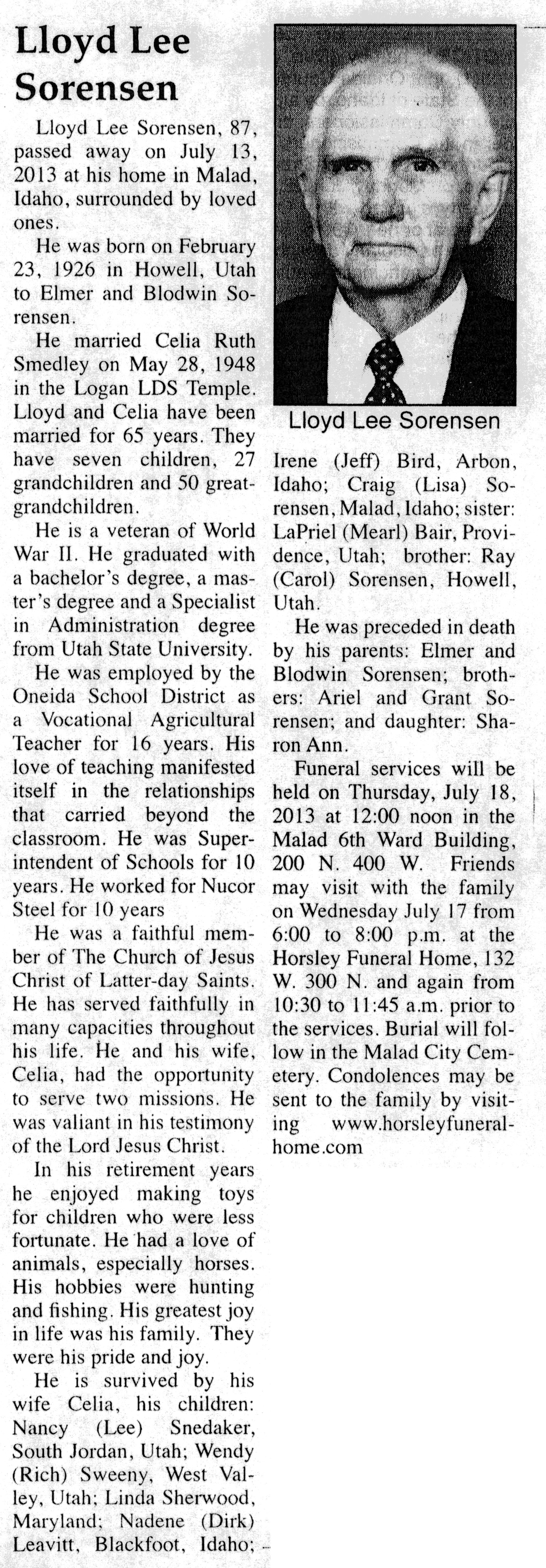 Lloyd Lee Sorensen obit
