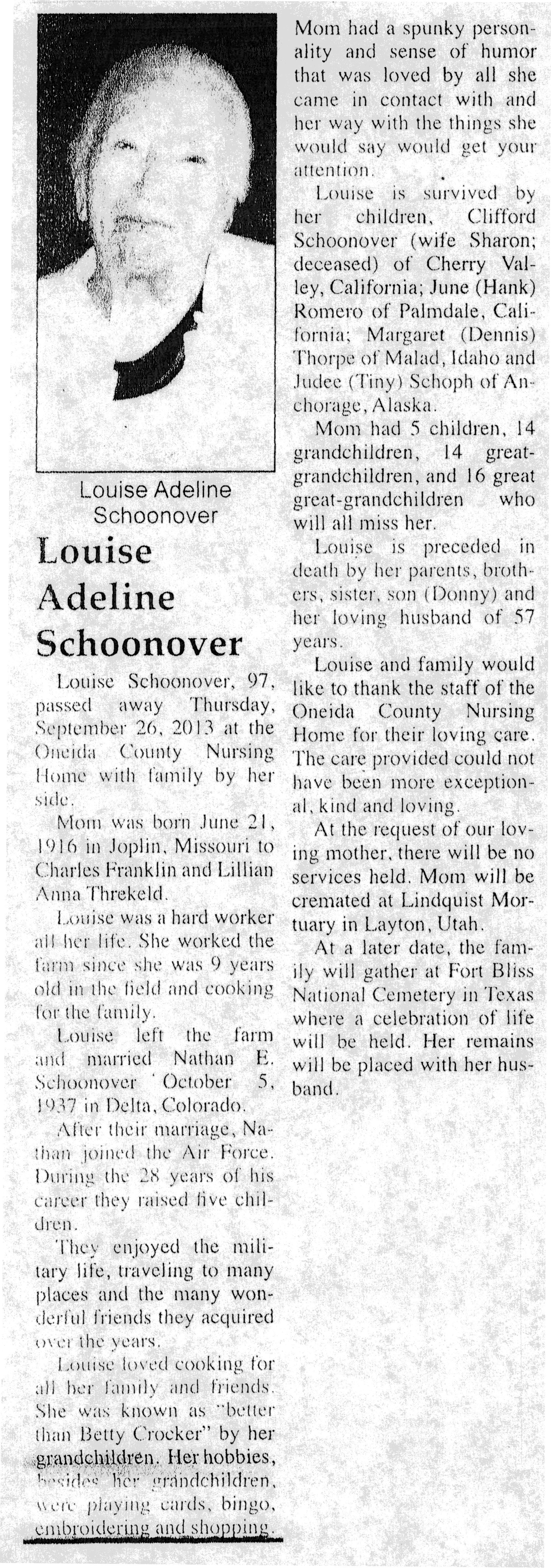 Louise Adeline Schoonover obit