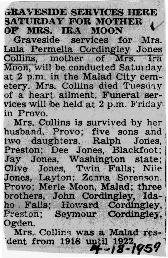 Lula Permelia Cordingley Jones Moon obit