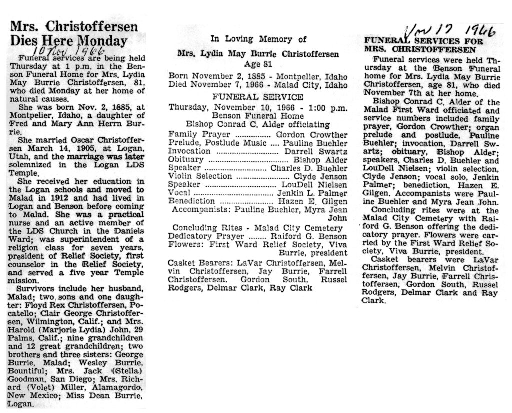 Lydia May Burrie Christoffersen obit and funeral
