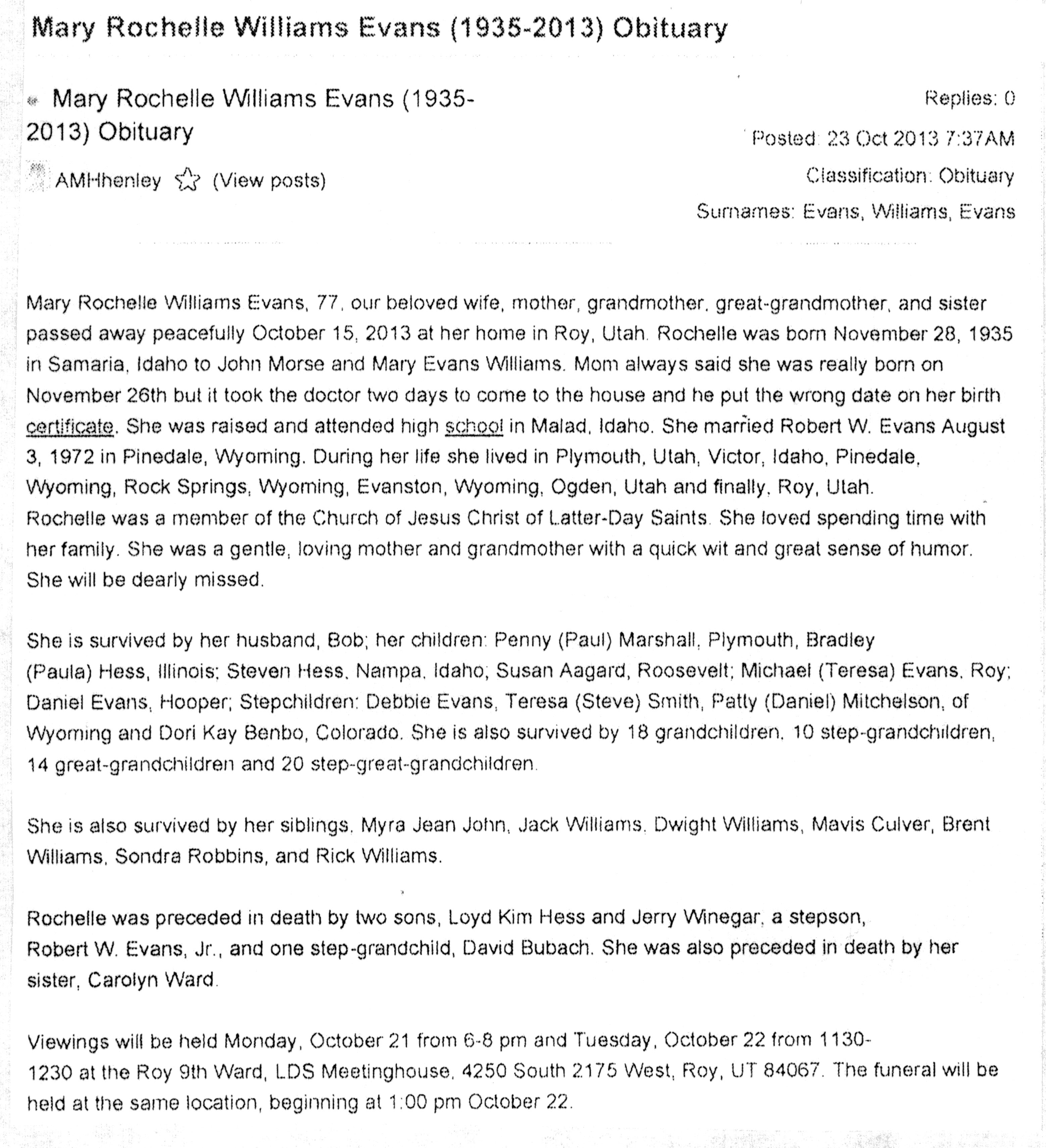 Mary Rochelle Williams Evans obit