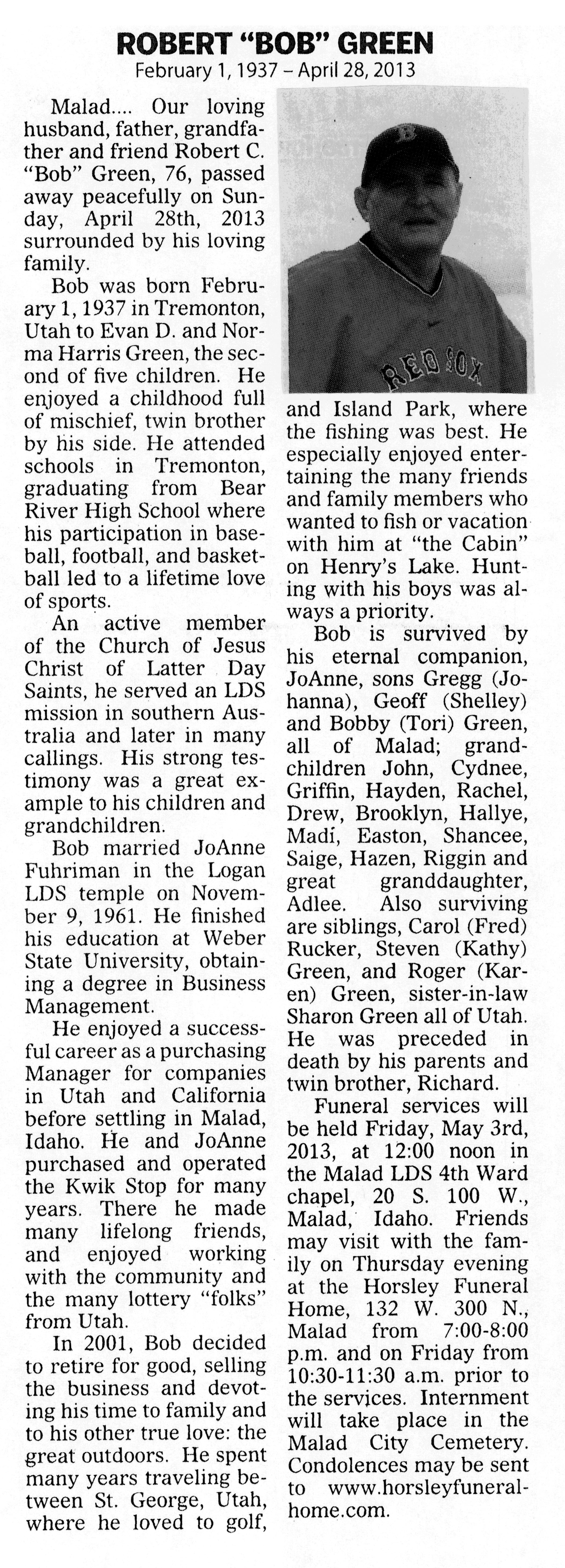 Robert C (Bob) Green obit