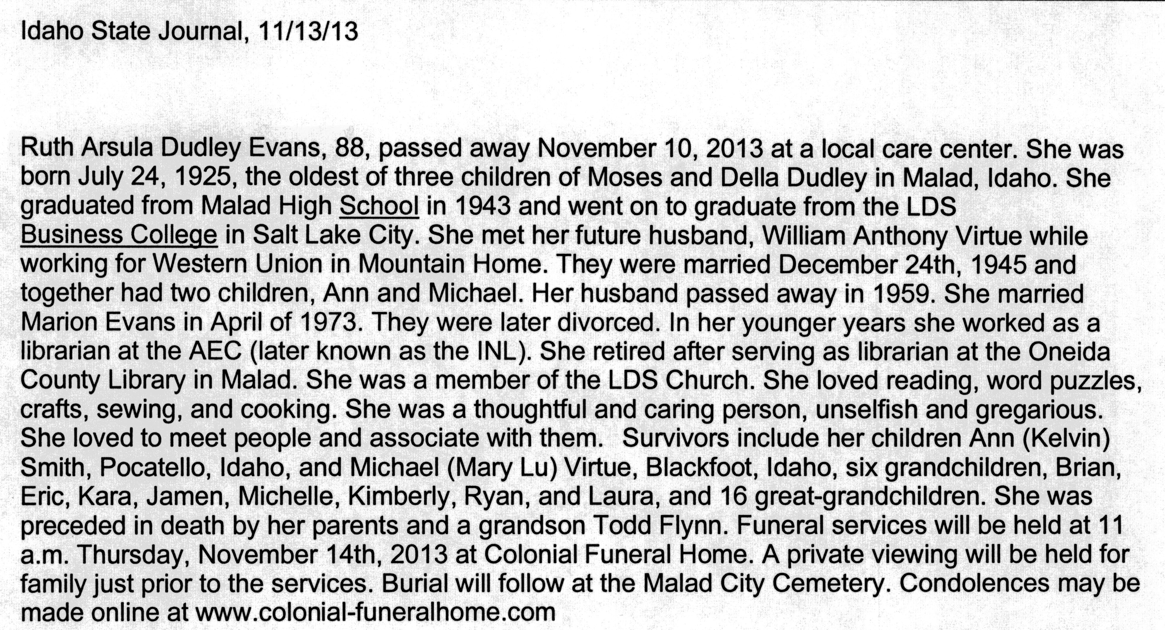 Ruth Arsula Dudley Evans obit