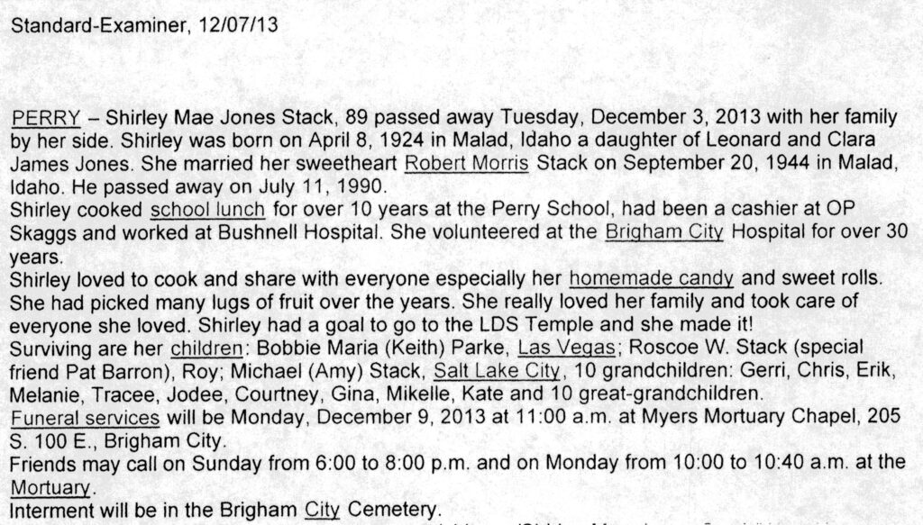 Shirley Mae Jones Stack obit