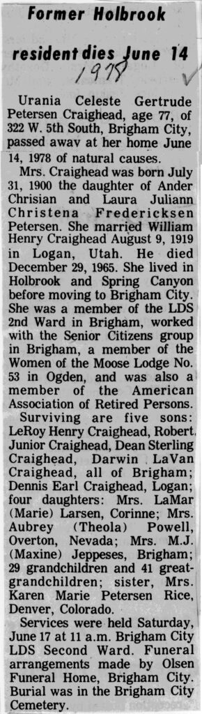 Urania Celeste Gertrude Petersen Craighead obit