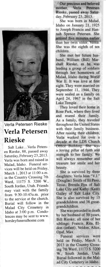 Verla Petersen Rieske obit