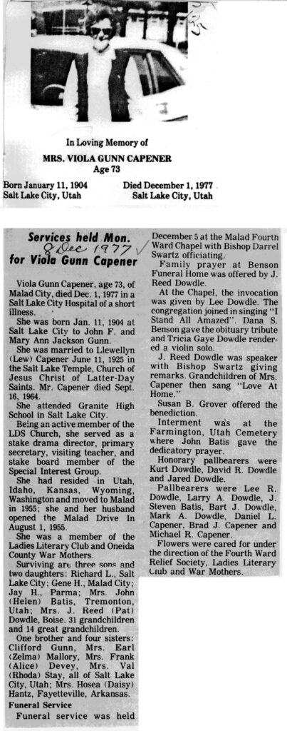 Viola Gunn Capener obit and funeral