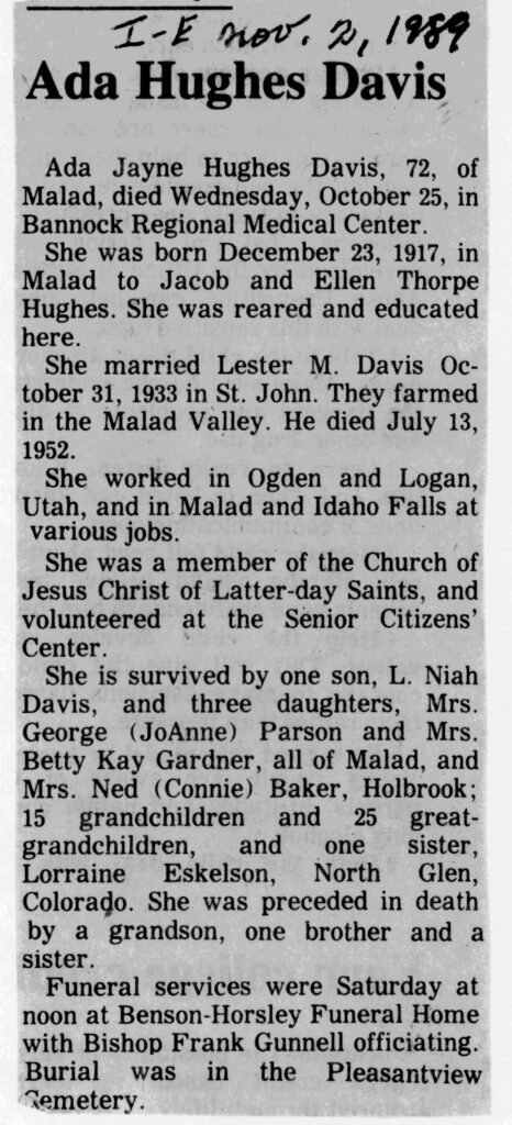 Ada Jayne Hughes Davis obit