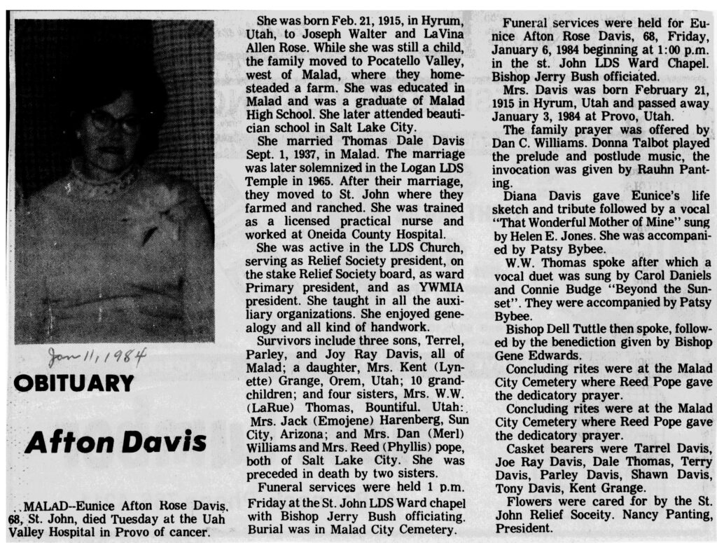 Afton Eunice Rose Davis obit and funeral