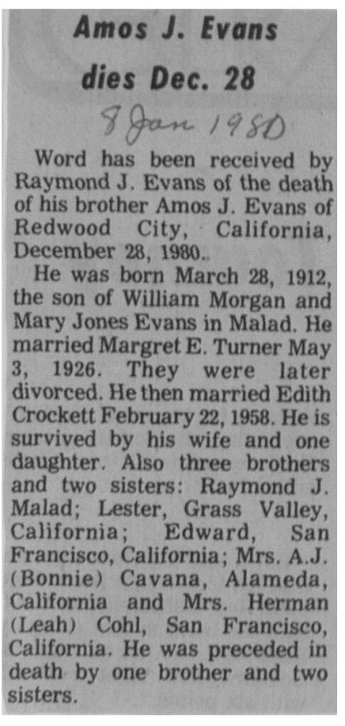 Amos J Evans obit