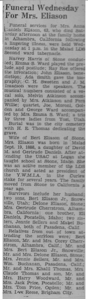 Anna Daniels Eliason obit and funeral