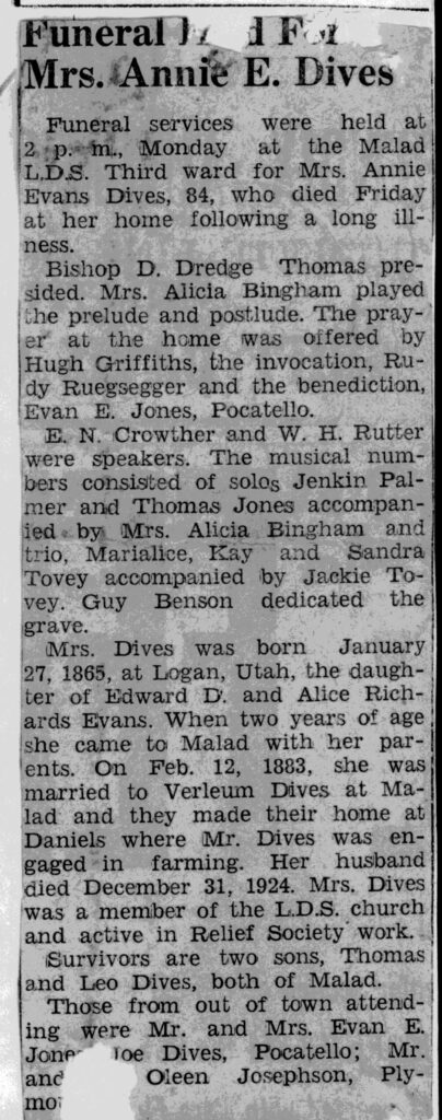Annie Evans Dives obit and funeral