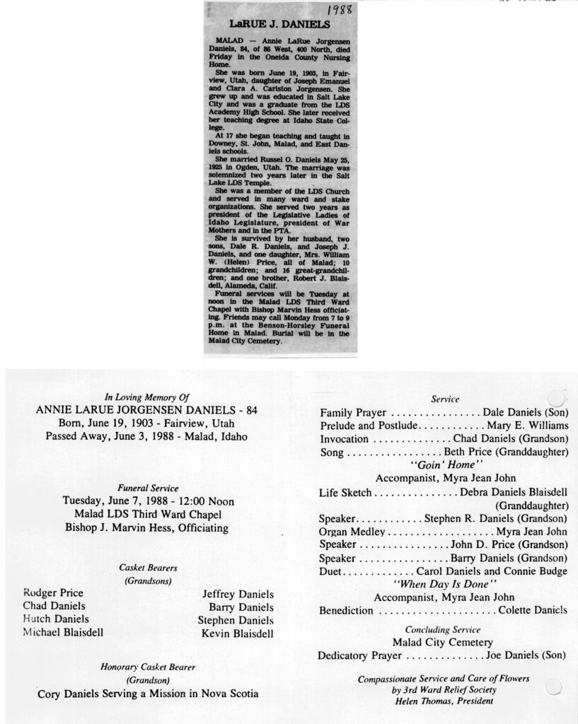 Annie Larue Jorgensen Daniels obit and program