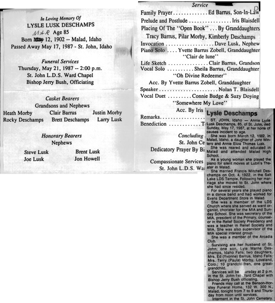 Annie Lysle Lusk Deschamps obit and program