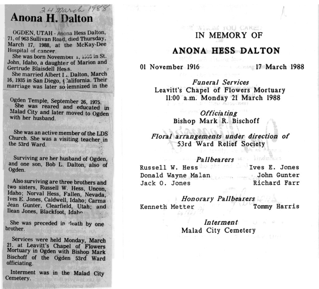 Anona Hess Dalton obit and program