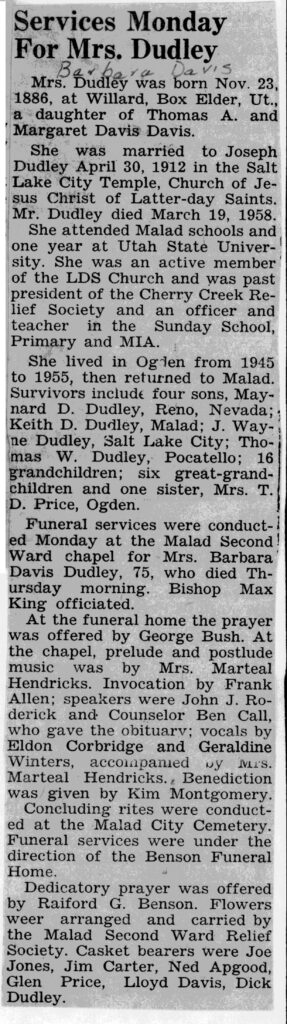 Barbara Davis Dudley obit and funeral