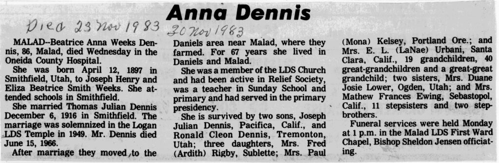 Beatrice Anna Weeks Dennis obit