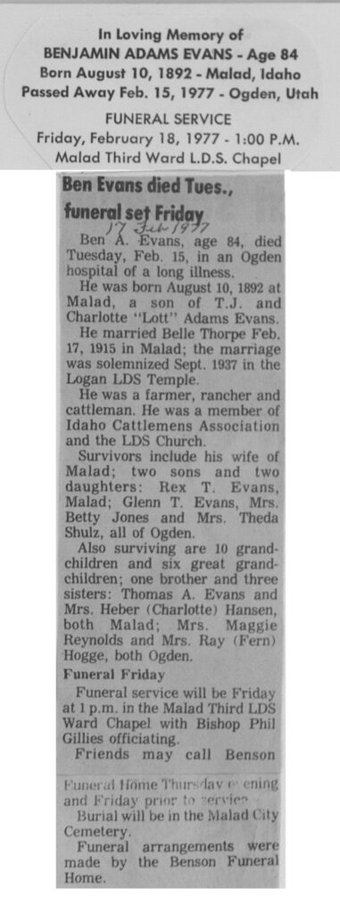 Benjamin Adams Evans obit
