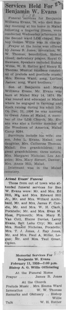 Benjamin W Evans obit and funeral