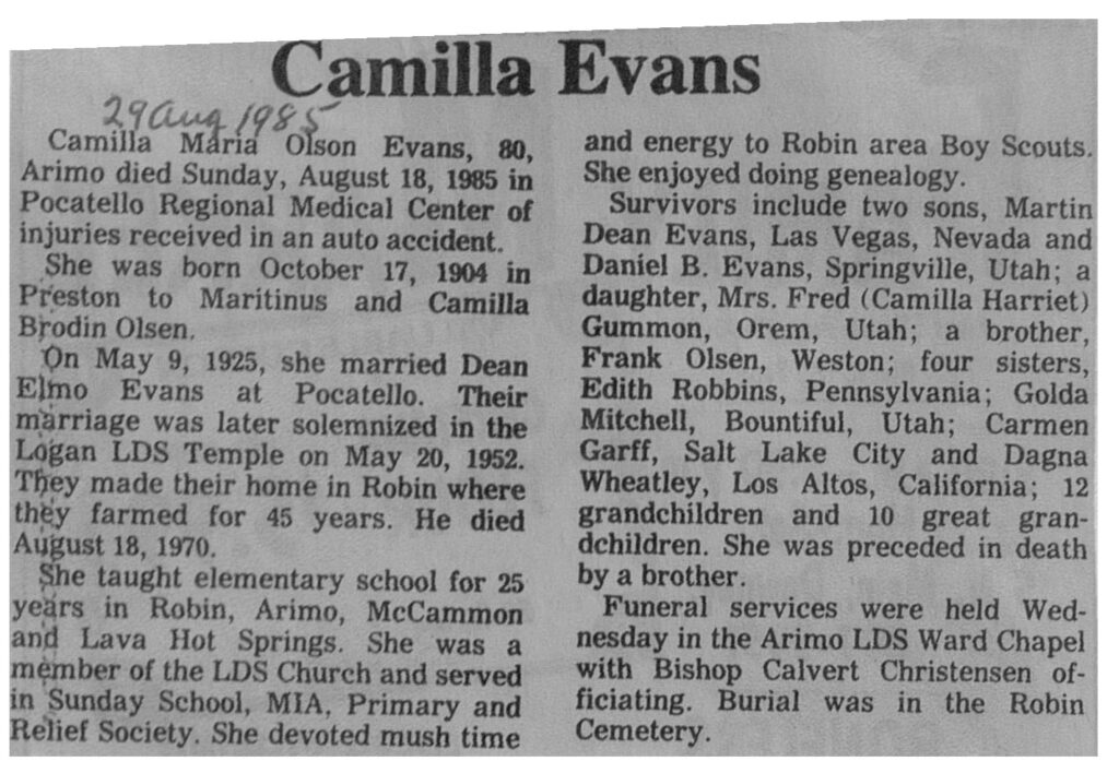 Camilla Maria Olson Evans obit