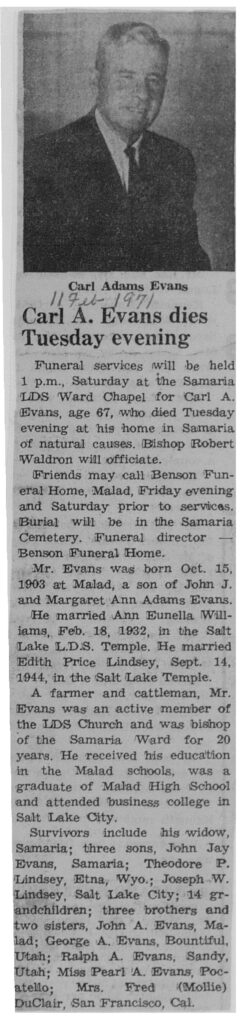 Carl Adams Evans obit