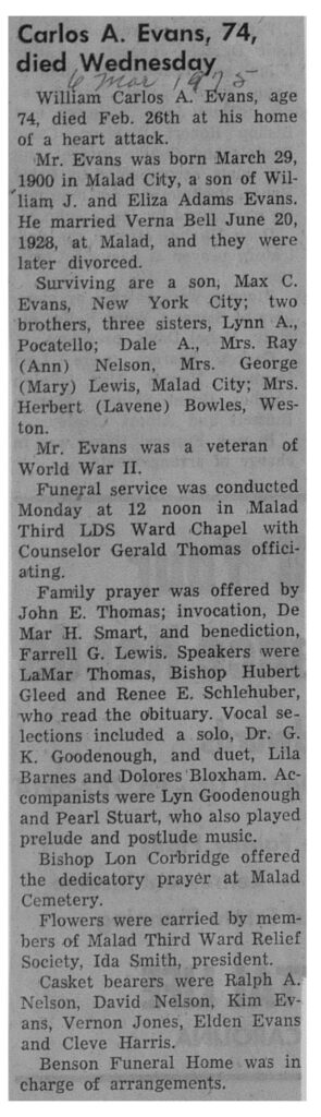 Carlos A Evans obit and funeral