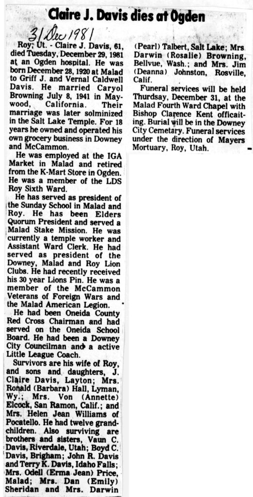 Claire J Davis obit