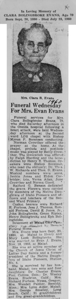 Clara Bolingbroke Evans obit and funeral