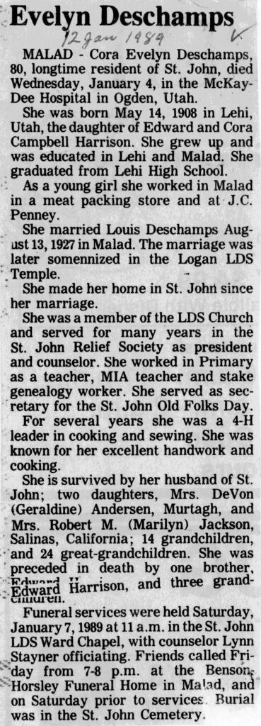 Cora Evelyn Deschamps obit