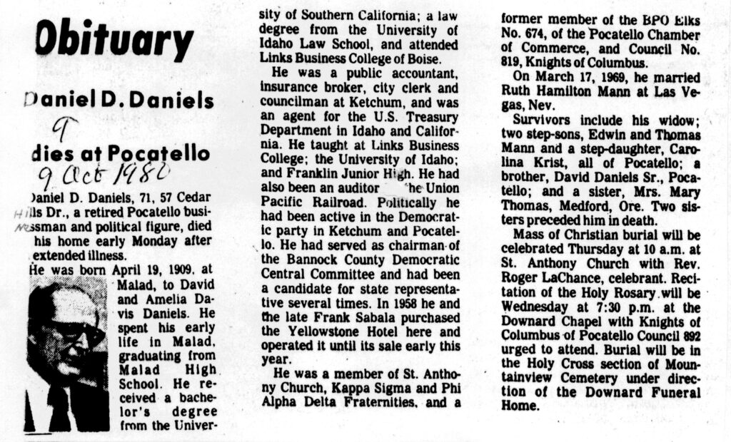 Daniel D Daniels obit