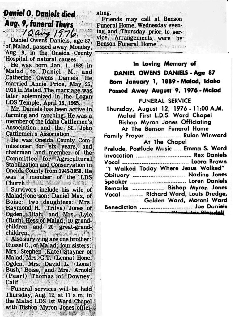 Daniel Owens Daniels obit and program